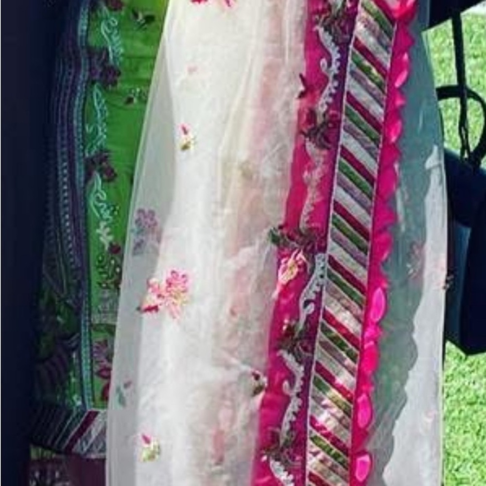 Pakistani original designer Green/ pink with net duppta